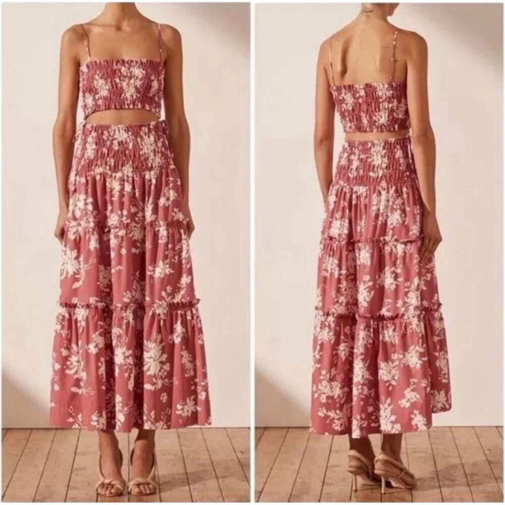 NEW House of Harlow 1960 Skirt Set Linen Blend Floral Tropical Terracotta Size M